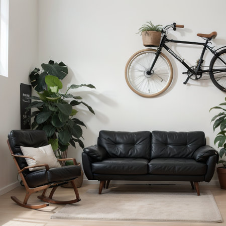 Modern bicycle and comfortable sofa in stylish living room interiorの素材