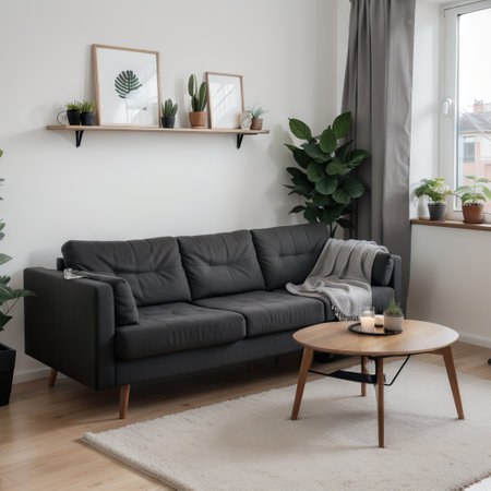 Interior of light living room with grey sofas, shelving unit and houseplantsの素材