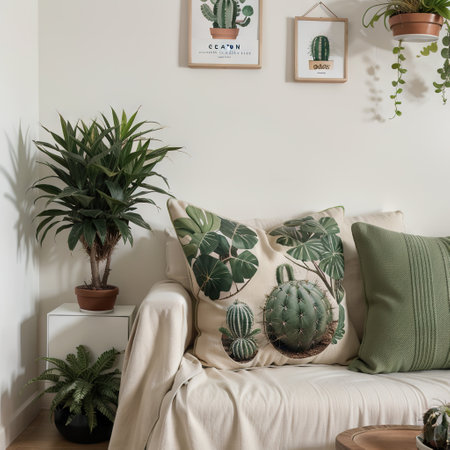 Stylish composition of cozy living room interior with design poster frames, plants, pillow, beige sofa, cube, plaid and personal aの素材