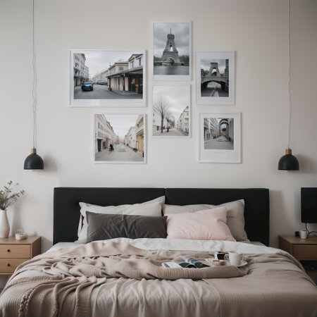 Interior poster mock up with four frames on the wall in home bedroom interior. ing.の素材
