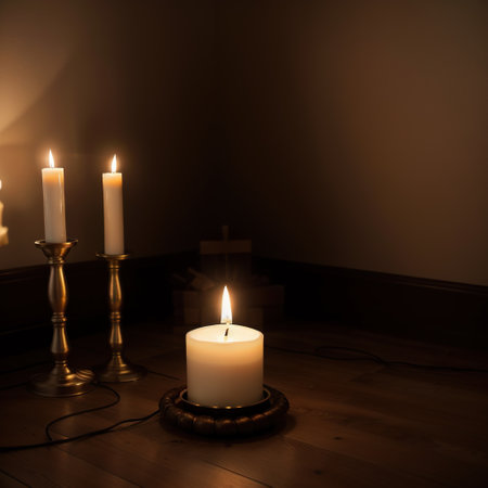 standing in room with burning candles on floorの素材