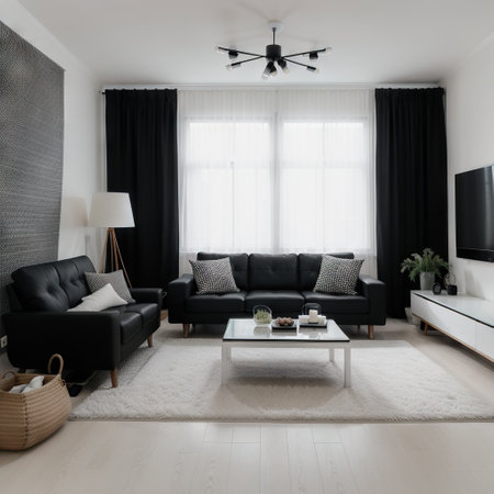 modern living room interior with black and white checked pattern pillows and carpetの素材