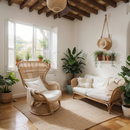 Bohemian wooden bedroom in boho style in white and beige tones. Double bed, hanging chair and potted plants. Window with shutters.の素材