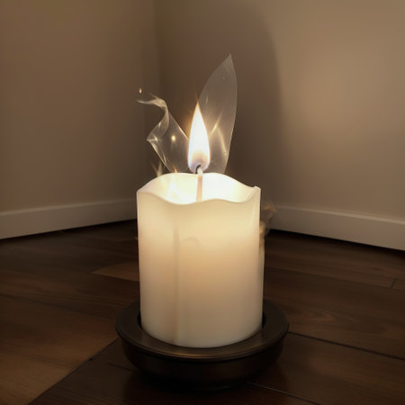 standing in room with burning candles on floorの素材