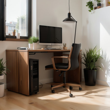 Blank black computer monitor on modern table in eco style interior room with wooden floor. Mockup. ingの素材
