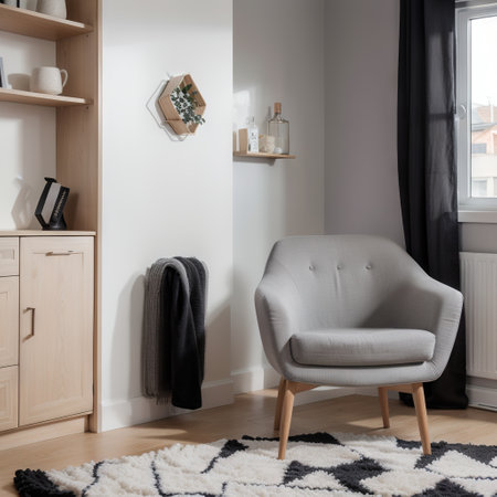 Real photo of a gray, wooden armchair on patterned, black and white rug in creative living room interior with geometric, violet waの素材