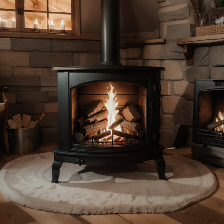 Luxurious open floor cabin interior bedroom design with roaring fireplace and winter scenic background. Photo realistic  model sceの素材