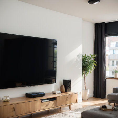 Controlling home with a digital touch screen panel installed on the wall in the living room. Concept of a smart home and mobile apの素材