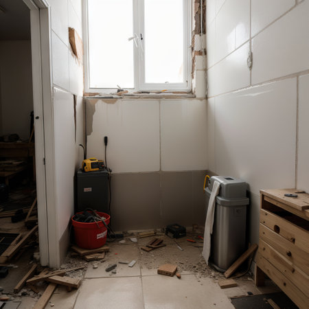 Removal of old floor during renovation of apartment. The idea of working by . Close-up of chisel from demolition hammer, fragmentsの素材