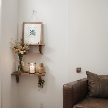 Interior design of living room with stylish dried flowers in vase, wooden ladder, plaid and personal accessories in modern home deの素材