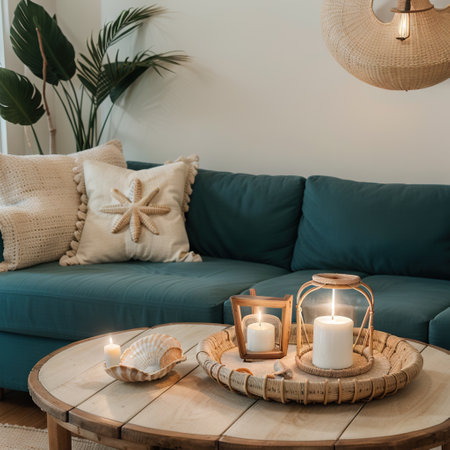 Beach interior decor: sea shells and lanterns on the wooden coffee table, natural colors. Detail of living room.の素材