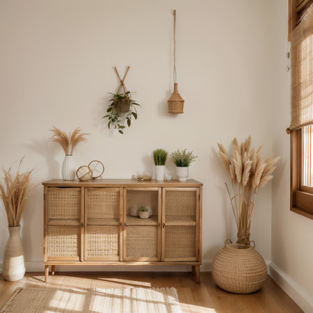 Living room interior wall mockup in minimalist Japandi style with light biege wooden console and dried pampas grass decor on emptyの素材
