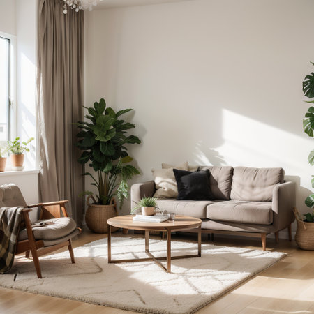 Creative composition of living room interior with modular beige sofa, coffee table, armchair, decoration, stucco, vase, beautifulの素材