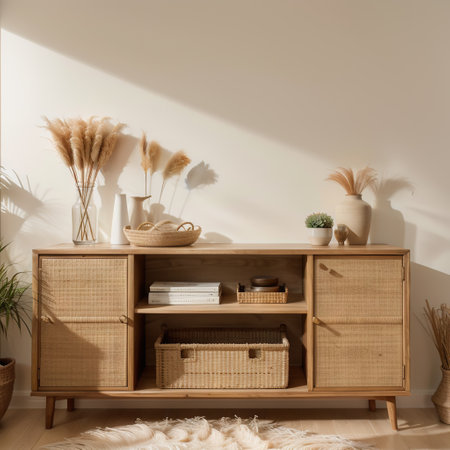 Living room interior wall mockup in minimalist Japandi style with light biege wooden console and dried pampas grass decor on emptyの素材
