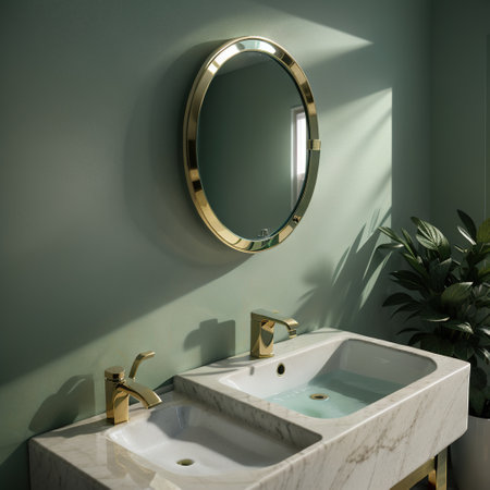 stylish modern teal green wash basin and faucet with round mirror in the bathroom, morning sunlight and beautiful foliages leavesの素材