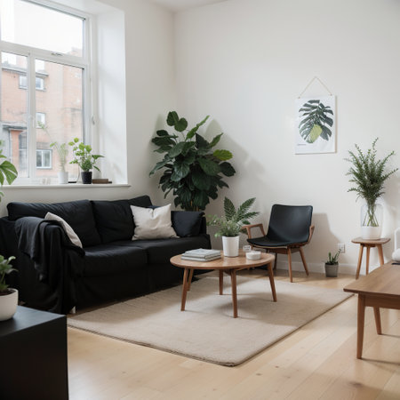 using a laptop on the sofa in a Scandinavian decor living roomの素材