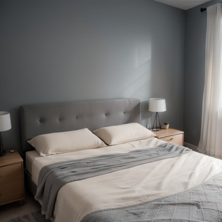 Big and cozy bed in modern and dark bedroom with gray wall and headboardの素材