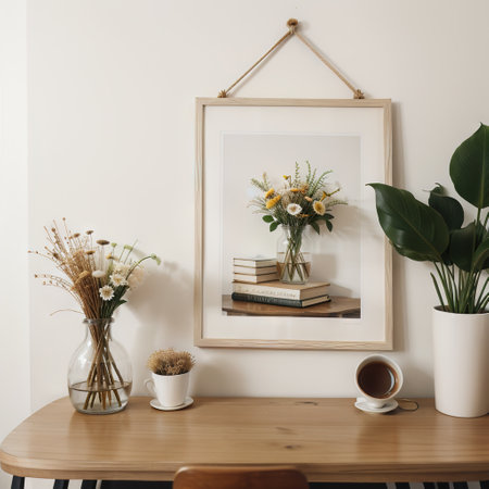 Empty wooden picture frame mockup hanging on beige wall background. Boho shaped vase, dry flowers on table. Cup of coffee, old booの素材