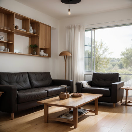 internal view of a modern living room with a wooden floor overlooking the kitchen, in the foreground is the sofa,の素材