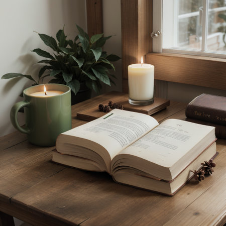 still life a book and a candle on a wooden table, the concept of coziness and readingの素材