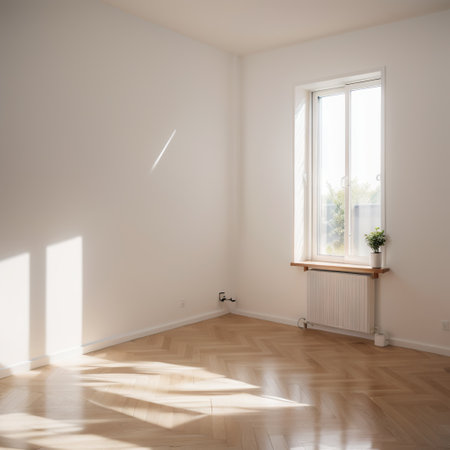Mock-up of white empty room and wood laminate floor with sun light cast the shadow on the wall,Perspective of minimal inteior desiの素材