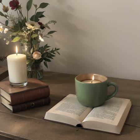 still life a book and a candle on a wooden table, the concept of coziness and readingの素材