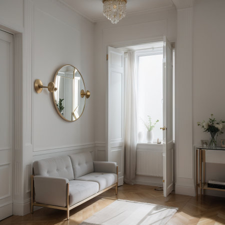 Interior Scene and Mockup,The corner of the stairs in modern style is decorated with mirrors, tea gold, gray marble and natural wの素材