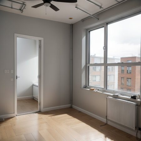 A newly painted gray wall, windows in a new building. Home Improvement. The concept of professional renovation. Copy space.の素材