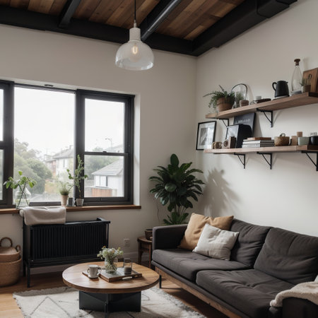 Laptop on black table and wooden dark sofa in manly flat interior with round clock on the wall and stools at kitchen islandの素材