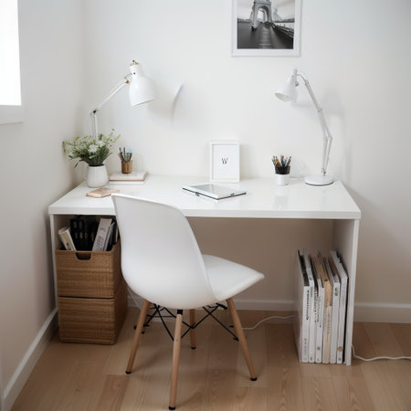 clean white home office bright interior study desk with lampの素材
