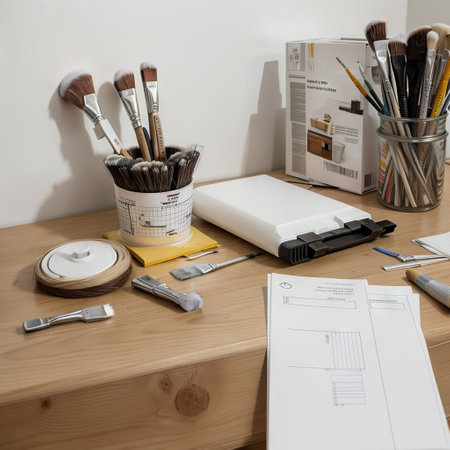 house painter tools, brushes, paint rollers, paper masking tape and colors swatches on desk with model house, supply and service iの素材