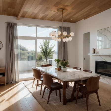Large modern style of dining room , wooden and marble material , daylight from window.の素材