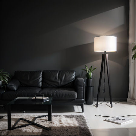 Modern dark living room interior design with stylish furnitures, stylish TV cabinet with home decor, comfortable chair, minimal laの素材