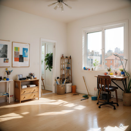 beautiful interior rooms artist. Cartoon interior with paintings, brushes, paint, flowerpots, bedside table, window with accessの素材