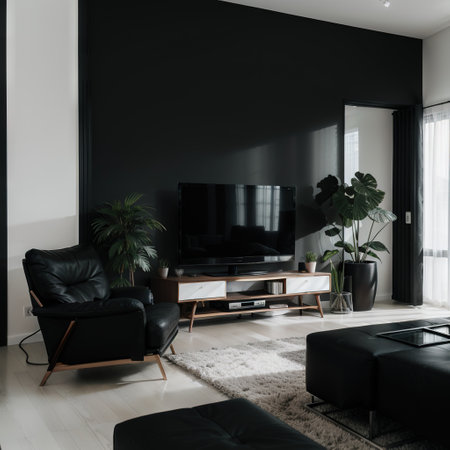 Modern dark living room interior design with stylish furnitures, stylish TV cabinet with home decor, comfortable chair, minimal laの素材