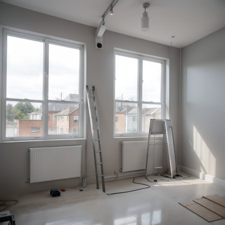 A newly painted gray wall, windows in a new building. Home Improvement. The concept of professional renovation. Copy space.の素材