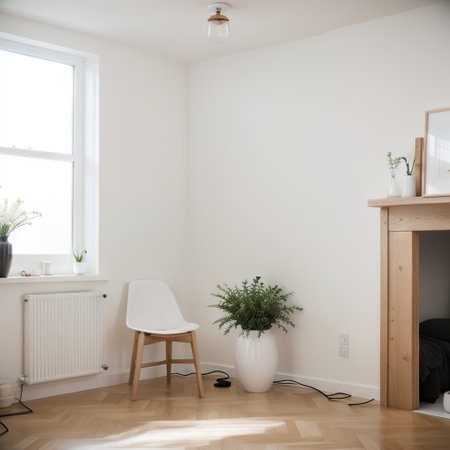 White empty minimalist room interior with vase on a wooden floor, decor on a large wall, white landscape in window. Background intの素材