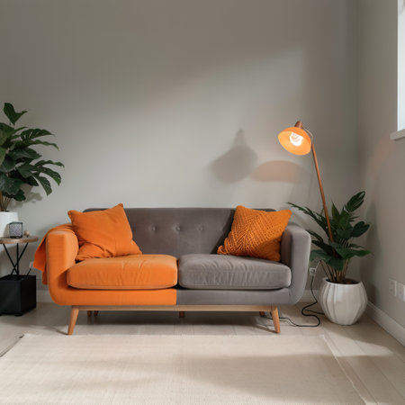 Grey wall background, armchair and orange lamp decoration with vase of plant style.の素材