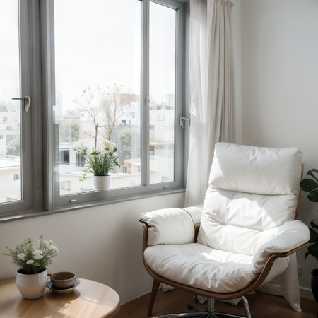 at home sitting on modern chair near window relaxing in living roomの素材