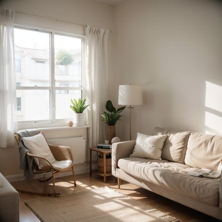 stands alone by the window blinds at cozy and sunny living room of modern apartment in beige tones. Quarantine, loneliness and lifの素材