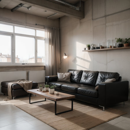 Living room interior with dark leather armchair in loft style house on concrete wall background.ingの素材