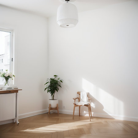 White empty minimalist room interior with vase on a wooden floor, decor on a large wall, white landscape in window. Background intの素材