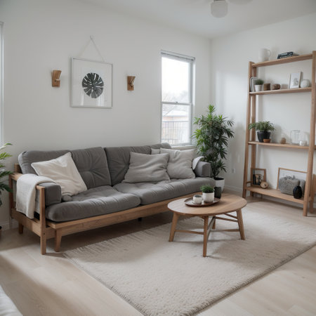 Spacious living room with gray sofa and modern decor.の素材
