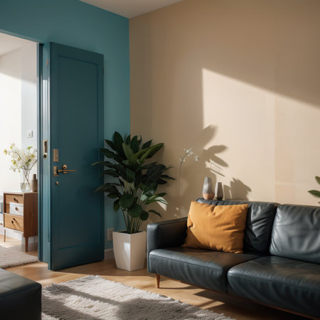 Modern interior of living room with blue leather sofa, wooden door and cabinet, against orange wall, home design ingの素材