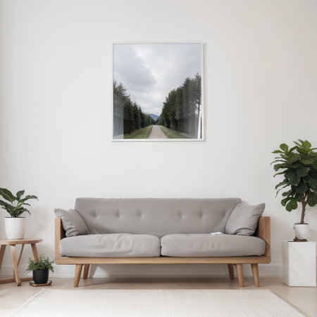 Two blank picture frame mockups on a wall. Vertical orientation. Artwork templates in interior designの素材