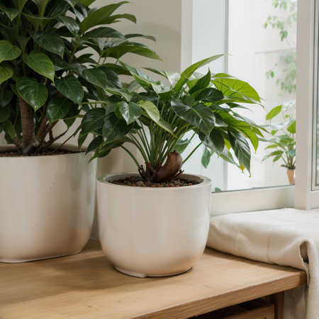 A beautiful blonde takes care of houseplants. A watering ficus in a white pot. Lots of plants in a wooden house. Concept: home garの素材