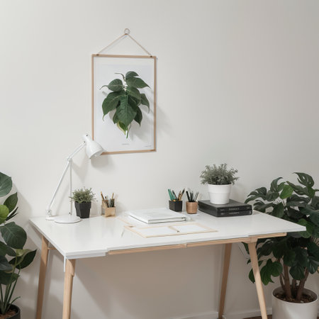 Stylish desk interior with White table background with plant and leaves. Modern home office interiorの素材