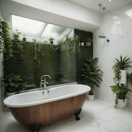 Stylish interior of bathroom with green houseplants. Empty bathtub in an empty bathroomの素材
