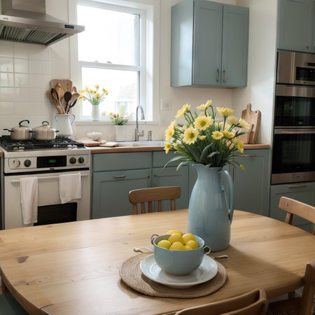 Wooden kitchen in easter decor. Cozy home decor. Kitchen utensils, dishes and plate on table. kitchen island in dining room. Blueの素材