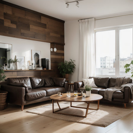 Interior living room wall mockup with leather sofa and decor on wooden wall background.ingの素材